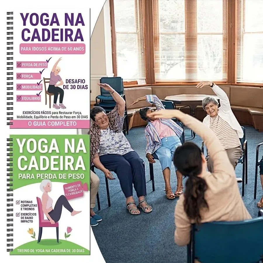 Grupo de mulheres sorrindo fazendo yoga na cadeira em aula