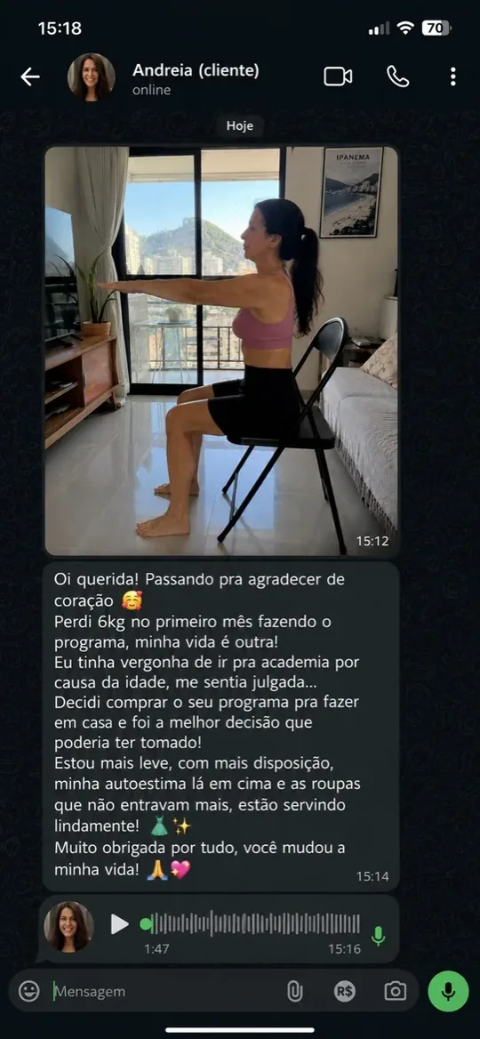 Print de WhatsApp: cliente agradecendo e relatando perda de peso com o programa