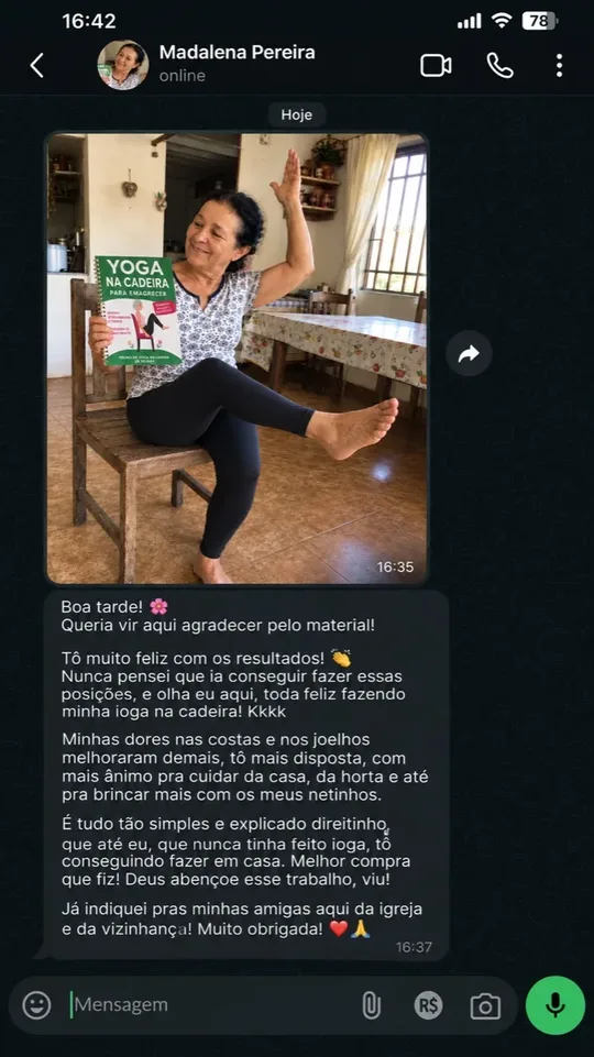 Print de WhatsApp: Madalena com o livro e depoimento sobre resultados