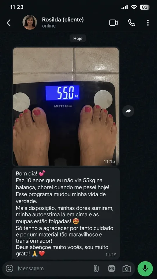 Print de WhatsApp: balança em 55 kg e depoimento da cliente Rosilda